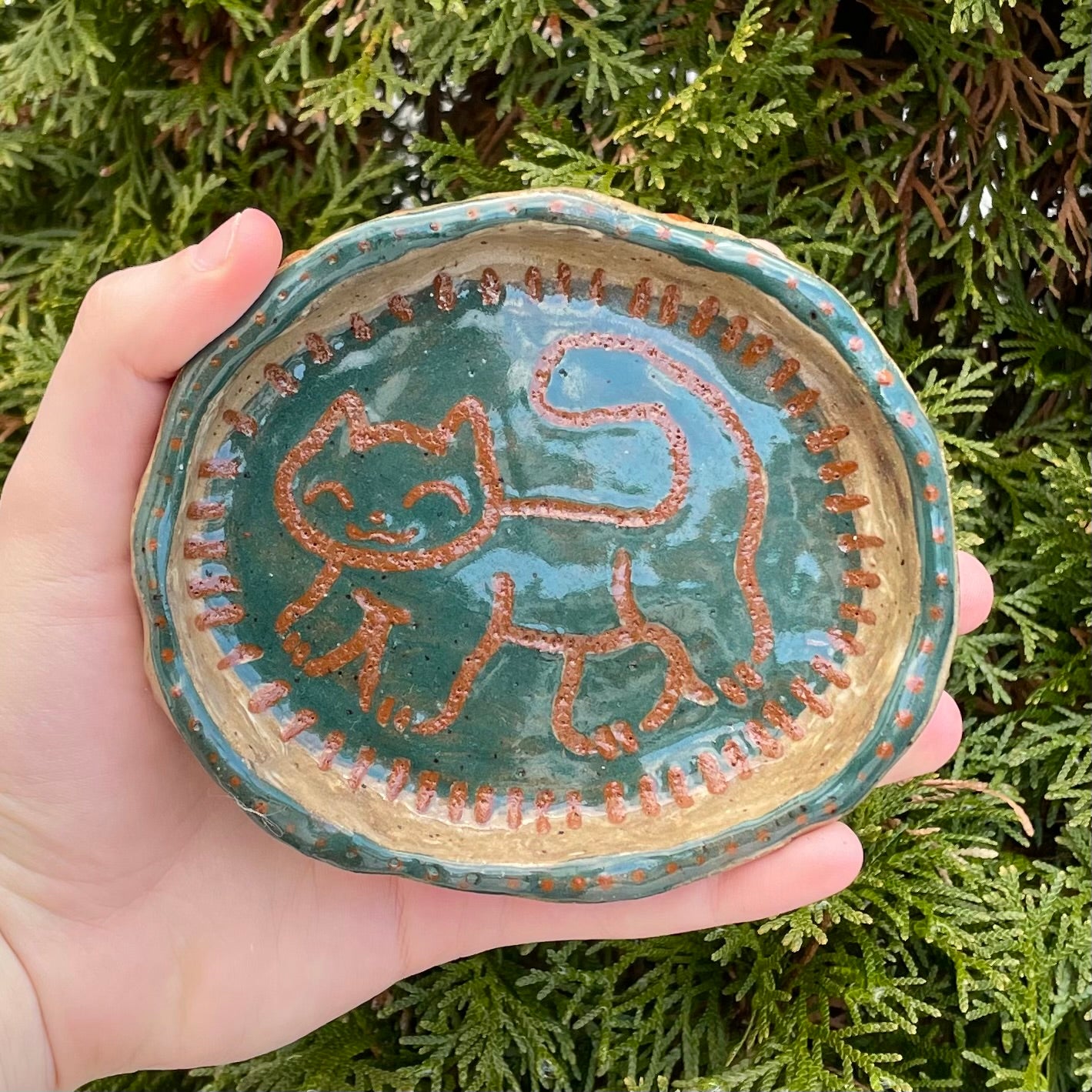 teal brown kitty cat handmade ceramic stoneware bowl!