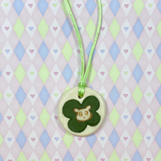 white & green cloverdog kawaii ceramic stoneware pendant necklace!