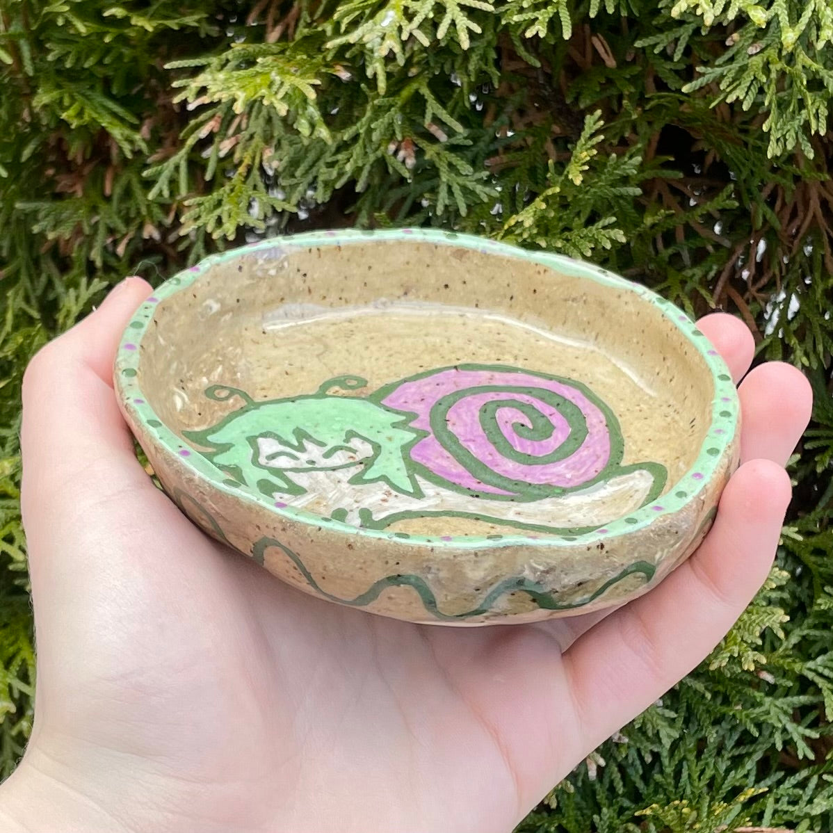 purple green snailgirl handmade ceramic stoneware bowl!