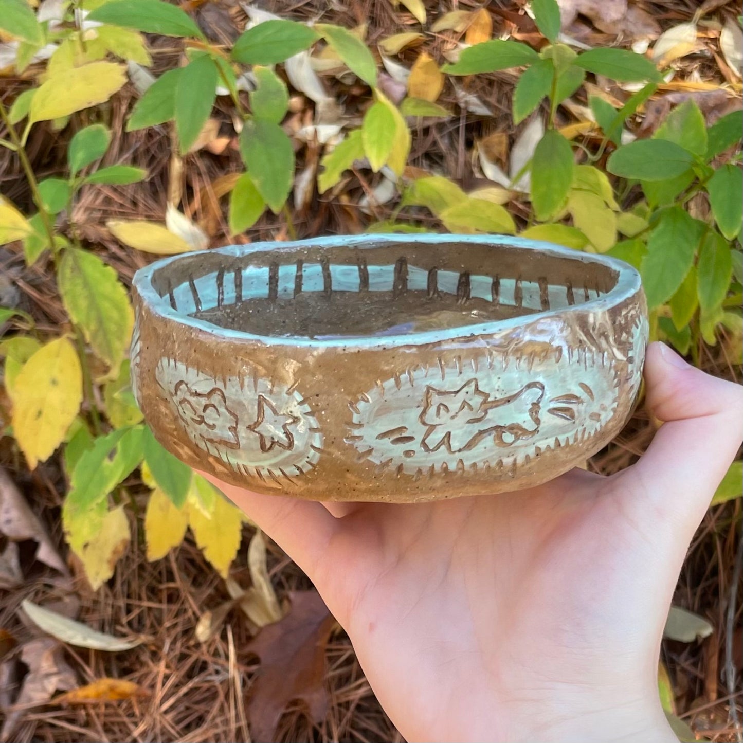 mint teal carved wolf handmade ceramic stoneware dish!