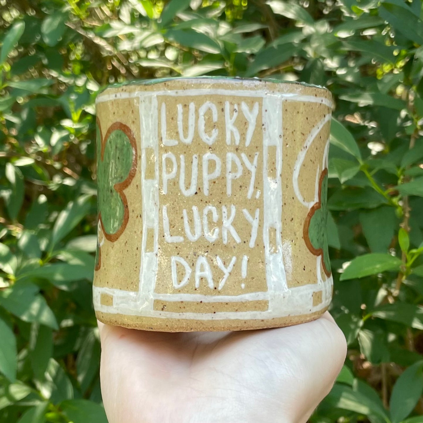 "lucky puppy" four leaf clover tan & white ceramic stoneware flower pot!