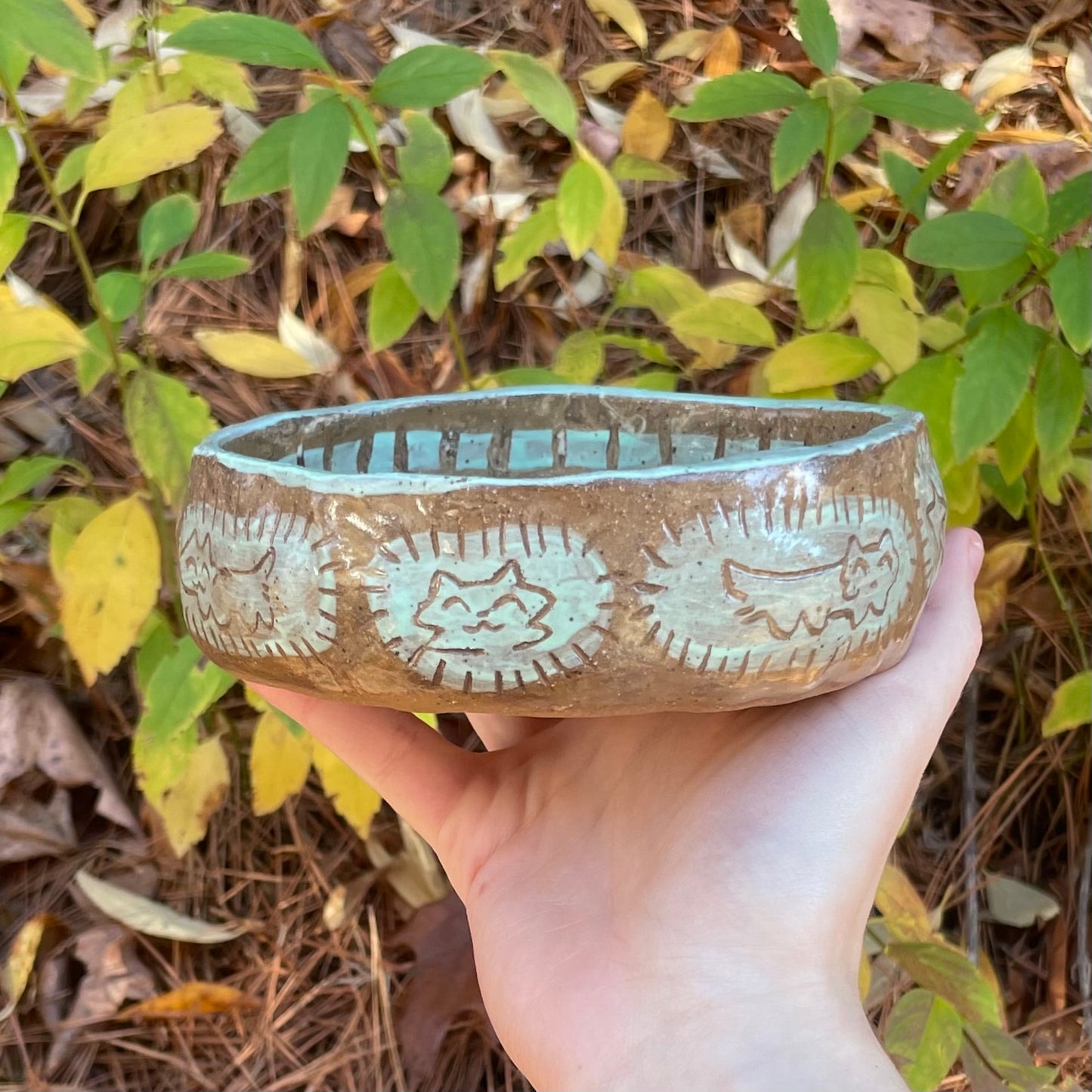 mint teal carved wolf handmade ceramic stoneware dish!