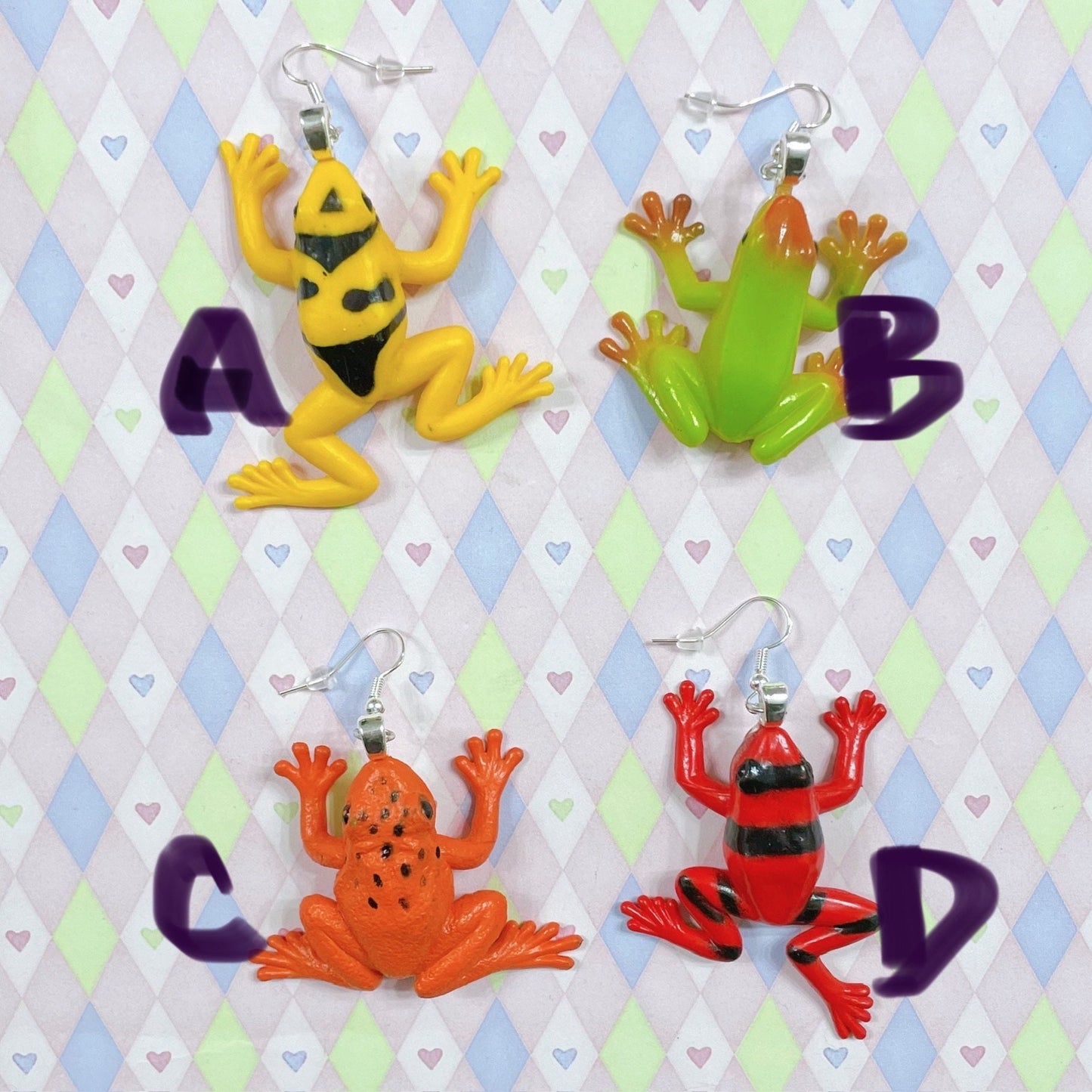 multicolor poison dart frog kidcore upcycled plastic toy dangle earrings!
