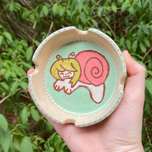 pink green snailgirl wheel thrown ceramic stoneware ashtray!