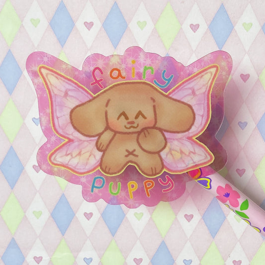 fairy puppy pastel pink kawaii dog transparent sticker! (3")