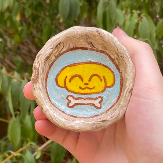 yellow puppy bone handmade small ceramic marbled stoneware trinket dish!
