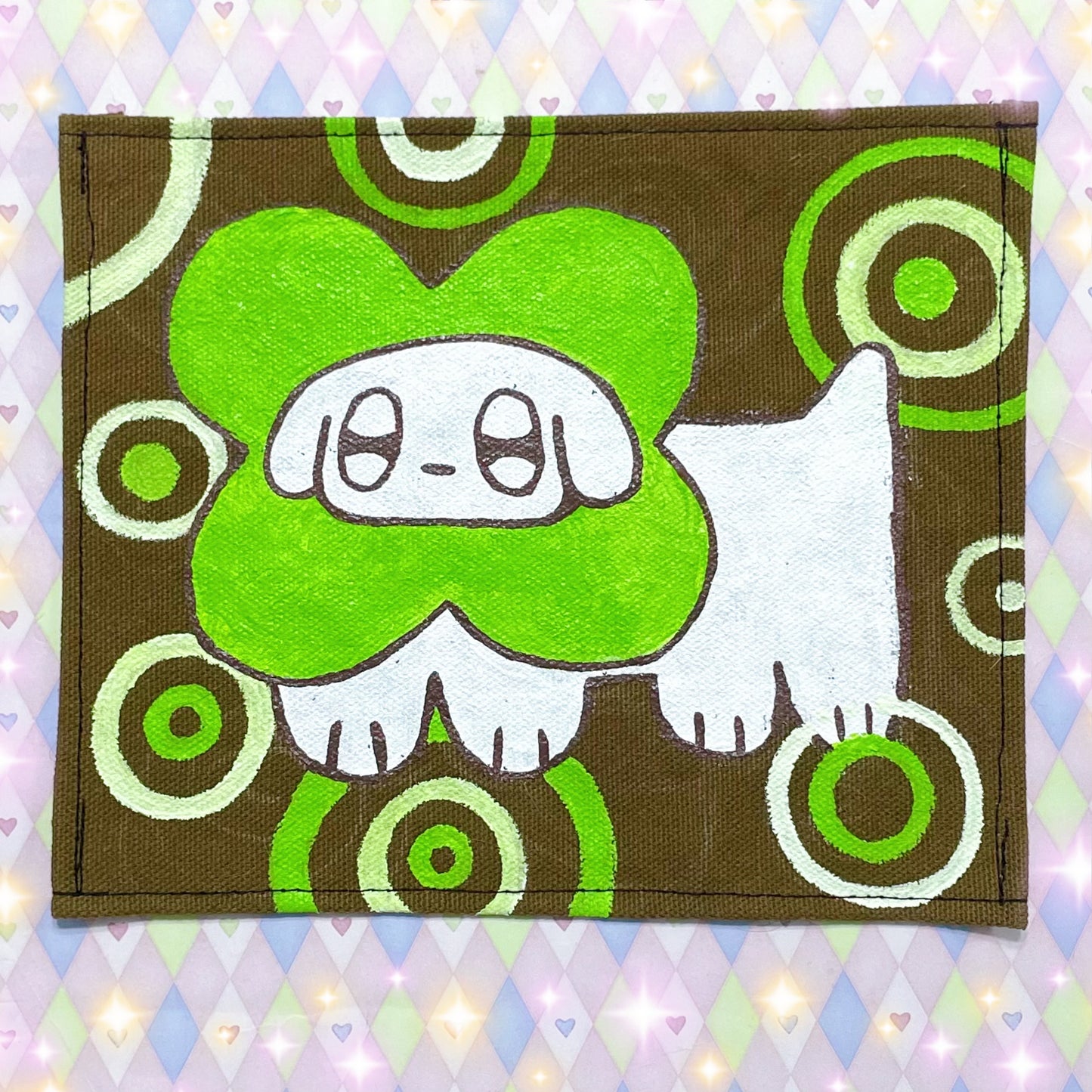 cloverdog kawaii handpainted brown canvas jumbo fabric patch!