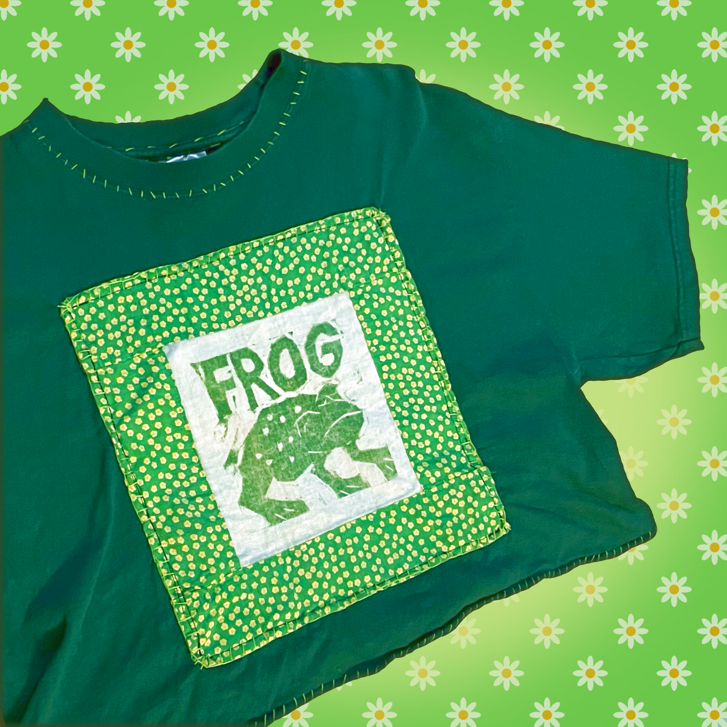 green frog block print sewn upcycled cropped t-shirt! (large)