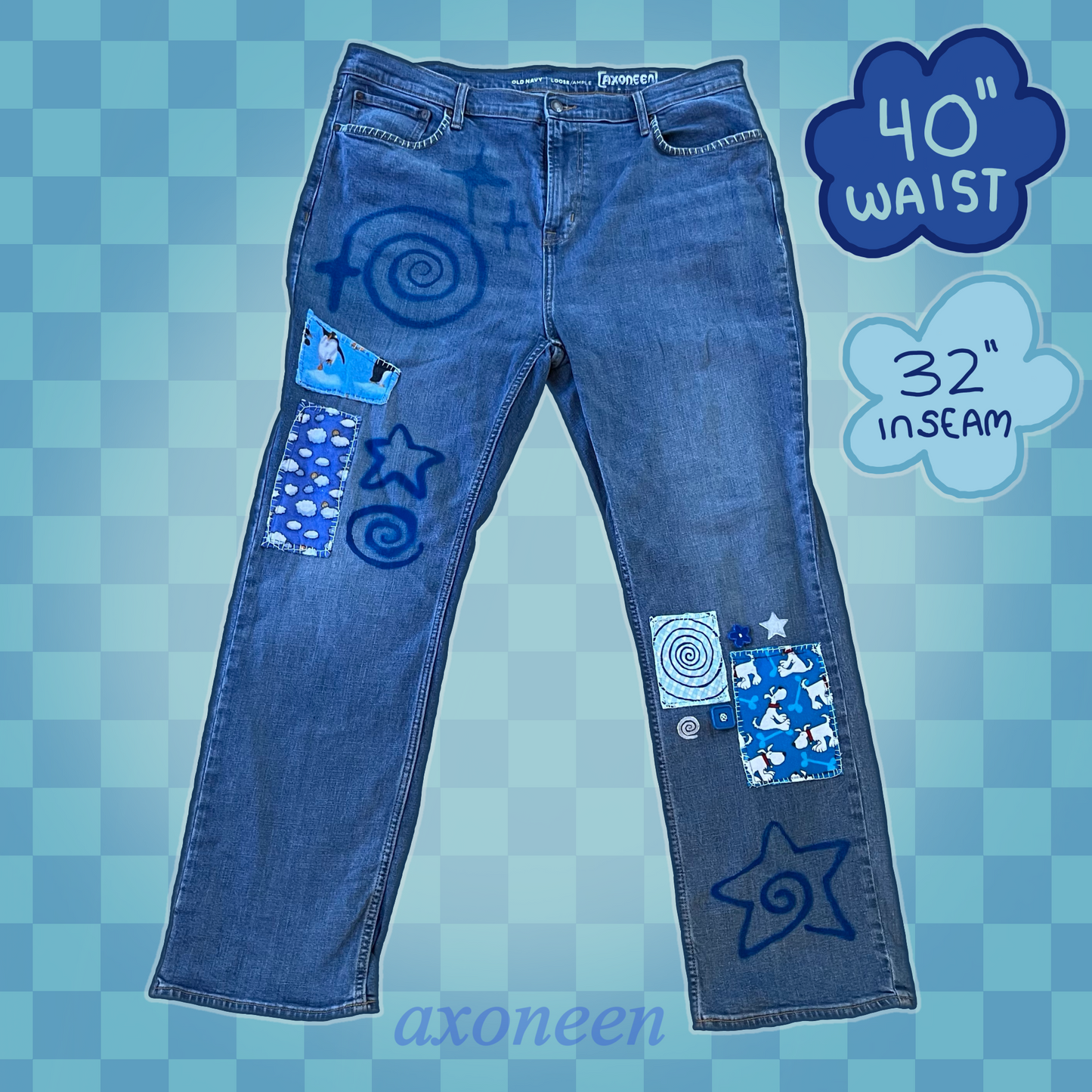 patchwork blue airbrushed spiral bunny denim jeans! (40" x 32")