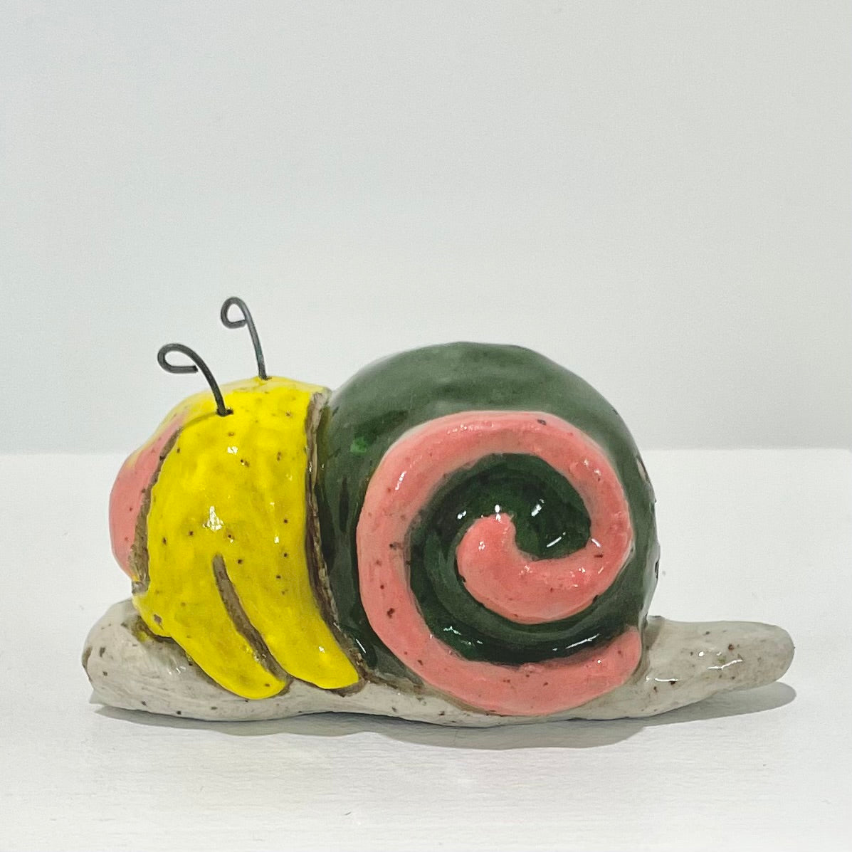 green yellow pink snailgirl handmade ceramic stoneware figure!