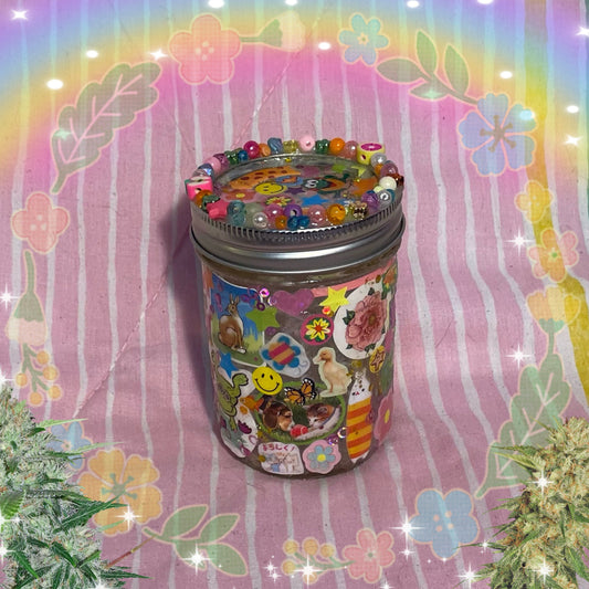 kawaii sticker glitter bead decoden rainbow collage glass stash mason jar! (8oz.)