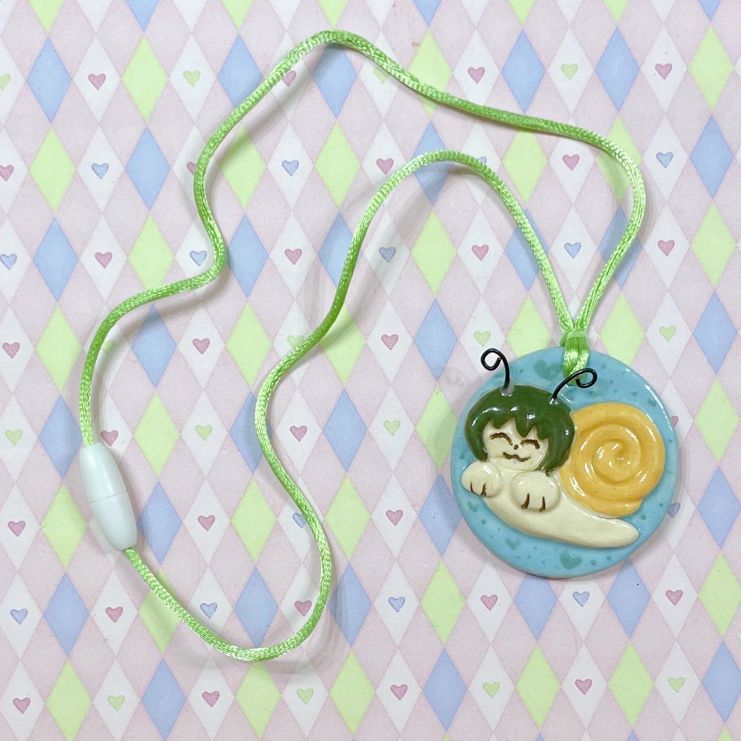 green & yellow snailgirl kawaii ceramic stoneware necklace!
