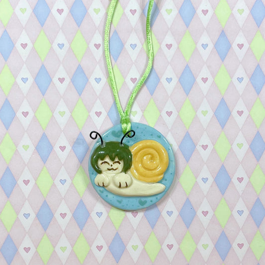 green & yellow snailgirl kawaii ceramic stoneware necklace!