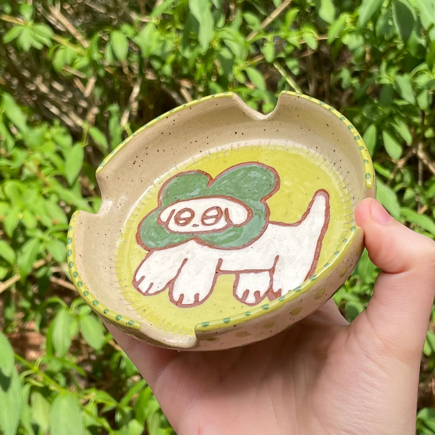 cloverdog green wheel thrown ceramic stoneware ashtray!