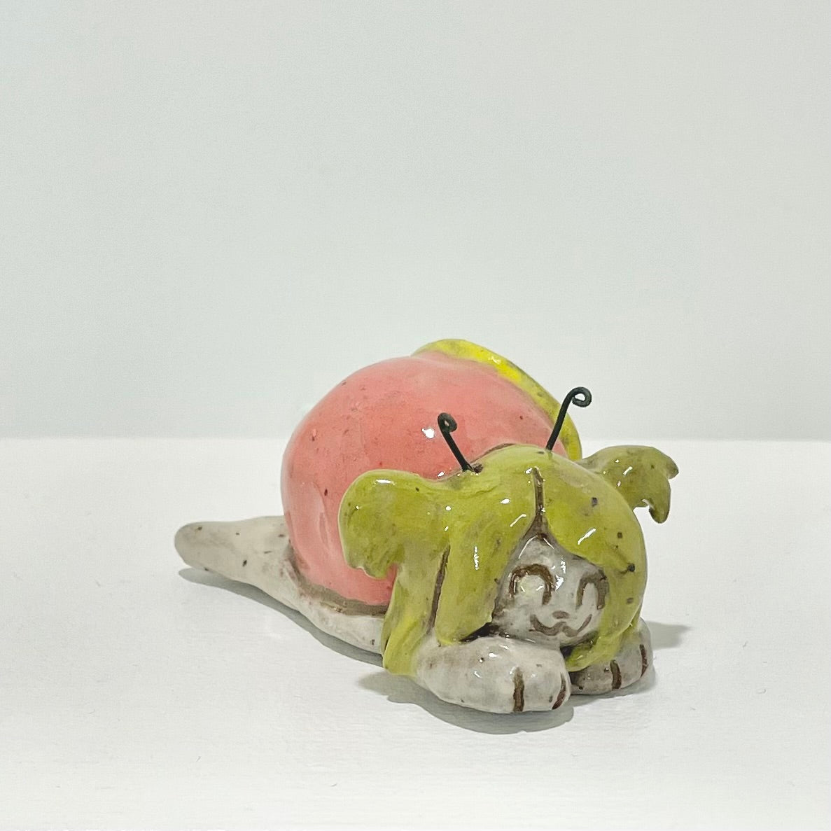 green pink snailgirl handmade ceramic stoneware figure!