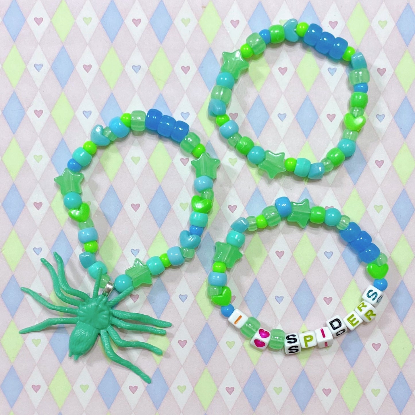 i love spiders green blue kawaii 3 piece handmade kandi bracelet set!