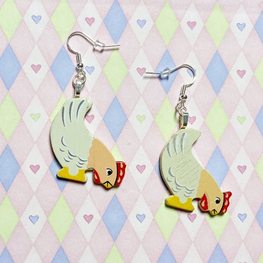 chicken kawaii miniature painted wood cottagecore dangle earrings!