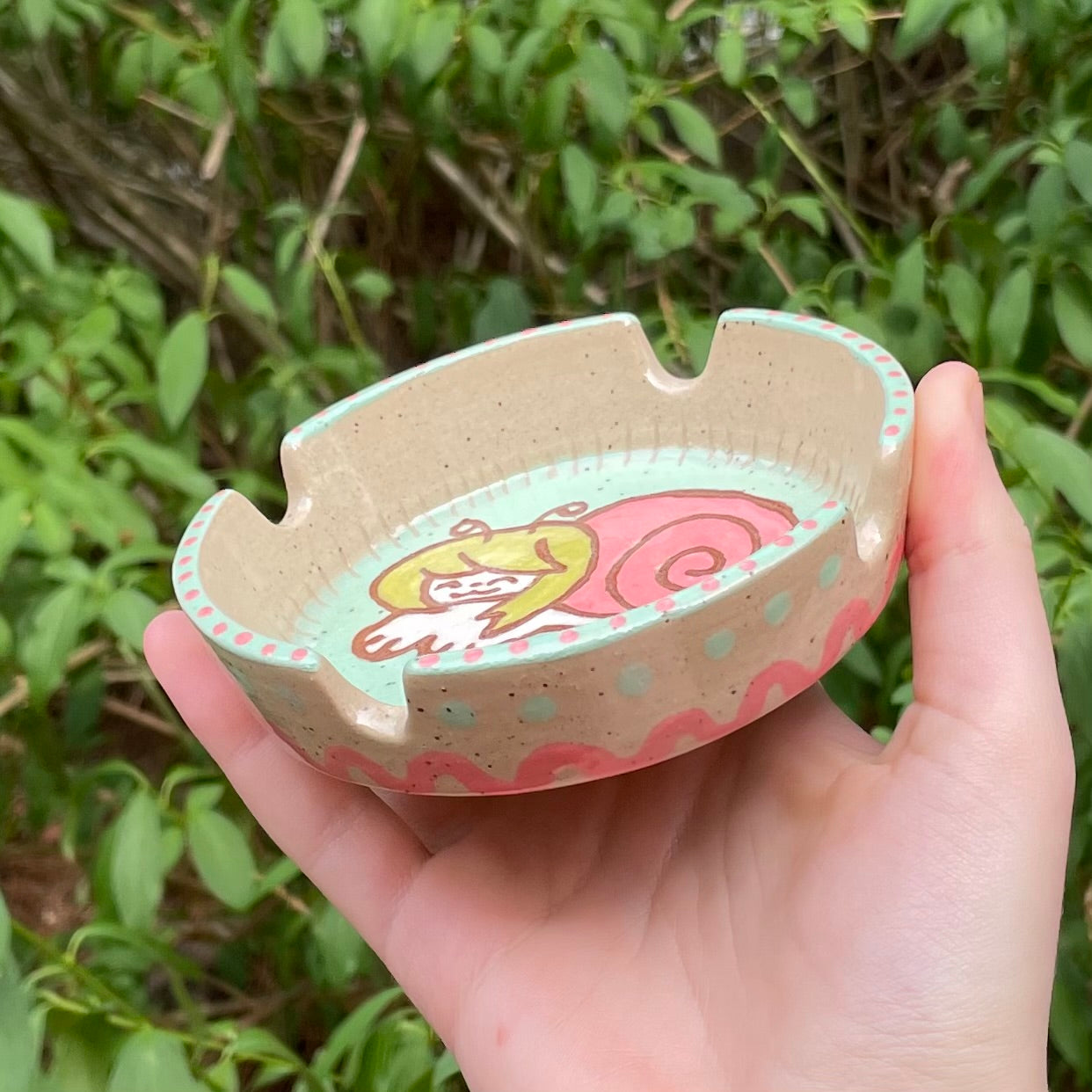 pink green snailgirl wheel thrown ceramic stoneware ashtray!