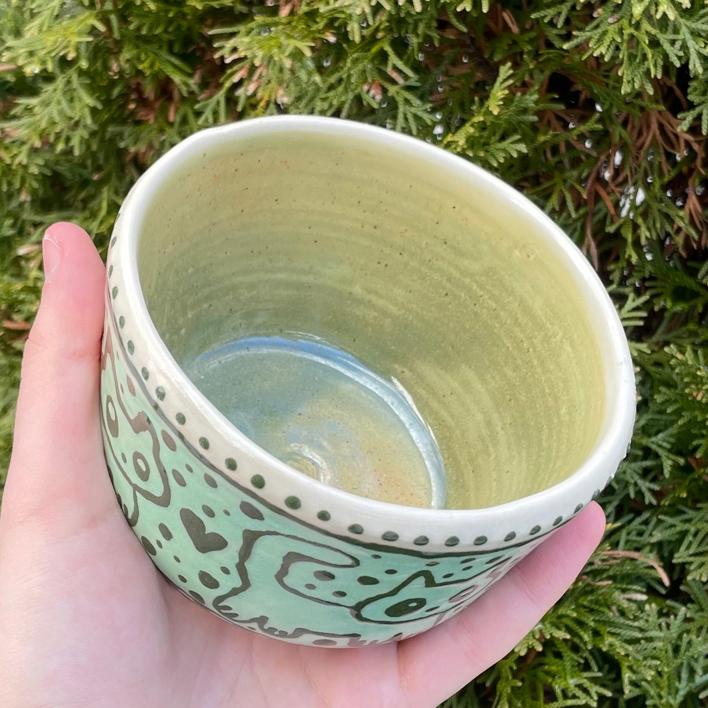 teal green kitties wheel thrown ceramic stoneware bowl!