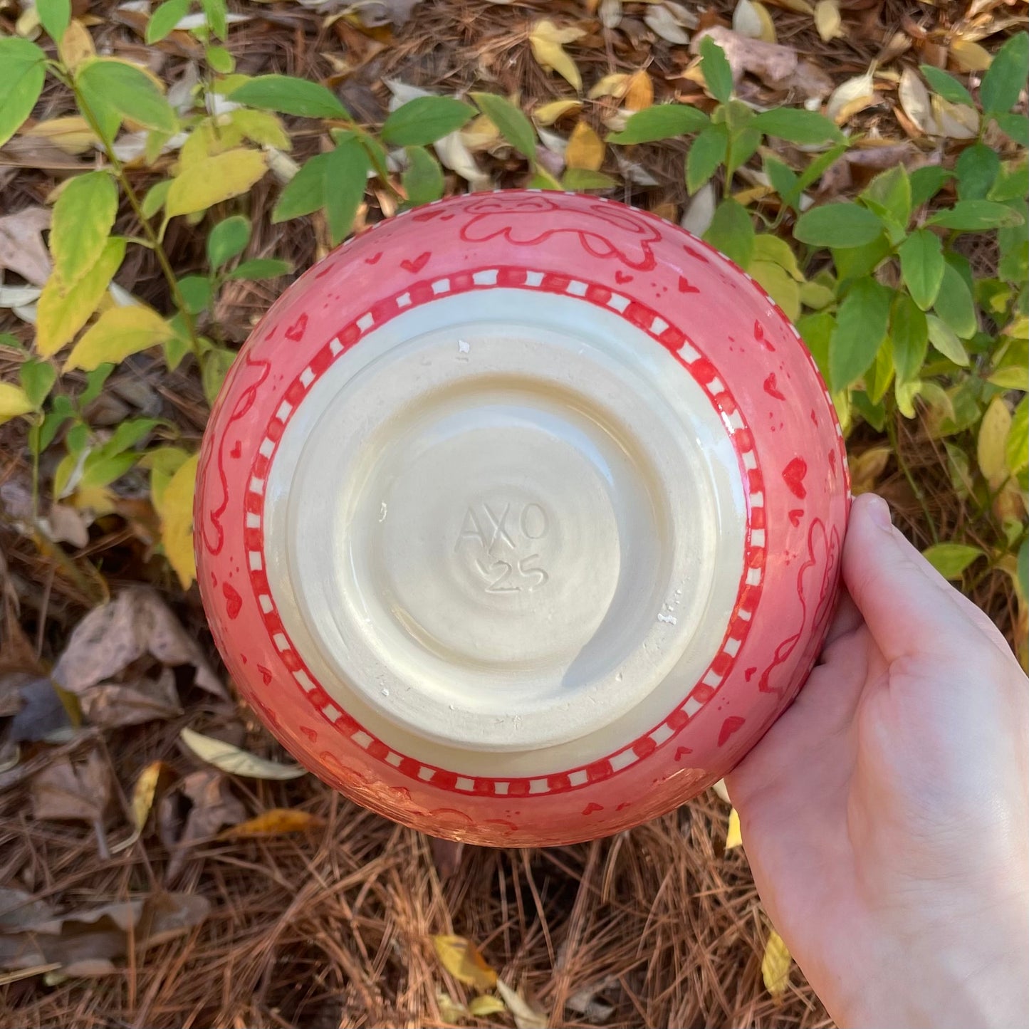 pink red puppy kitten wheel thrown ceramic stoneware bowl!