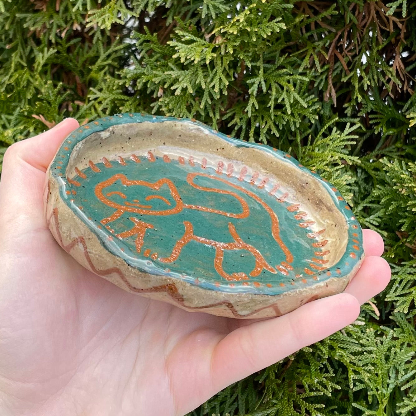 teal brown kitty cat handmade ceramic stoneware bowl!