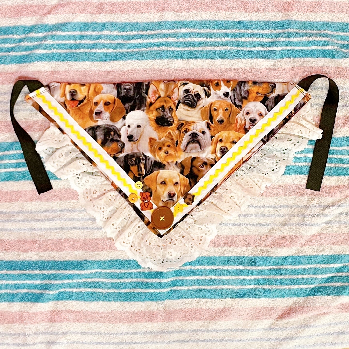 brown yellow puppy dog lace button fabric bandana!