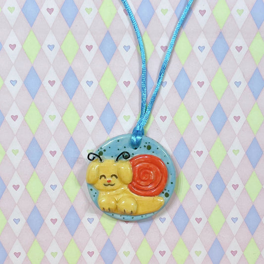 yellow & red snailpuppy kawaii ceramic stoneware necklace!