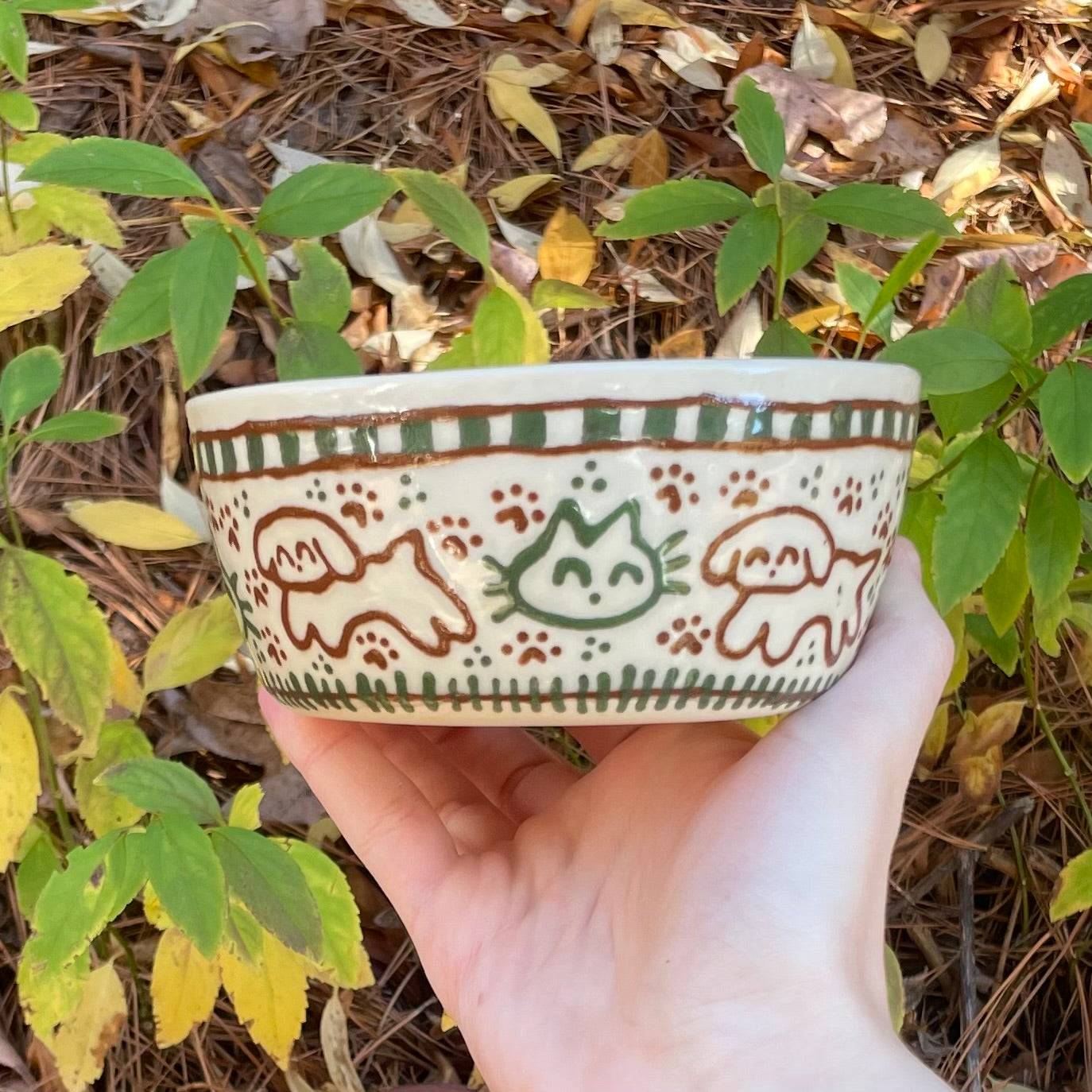 green brown puppy kitty wheel thrown ceramic stoneware dish!