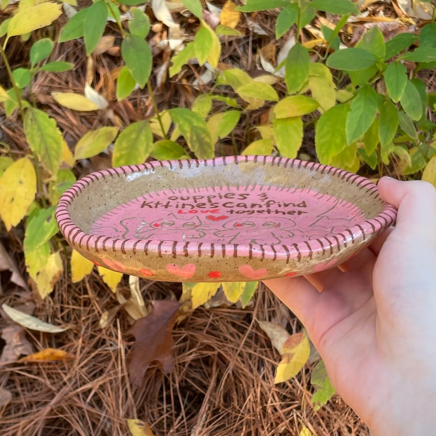 ouppies and kttines can find love together pink brown handmade ceramic stoneware dish!