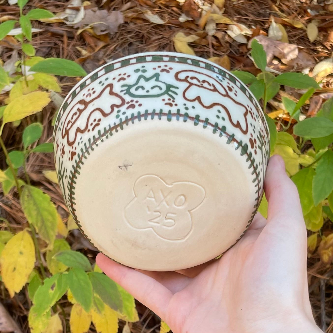 green brown puppy kitty wheel thrown ceramic stoneware dish!