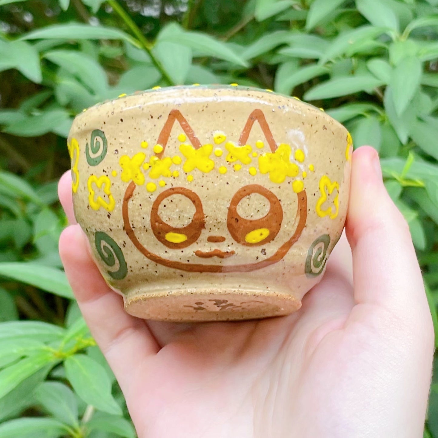 kitty puppy flower spiral yellow brown green kawaii stoneware ceramic cup bowl!