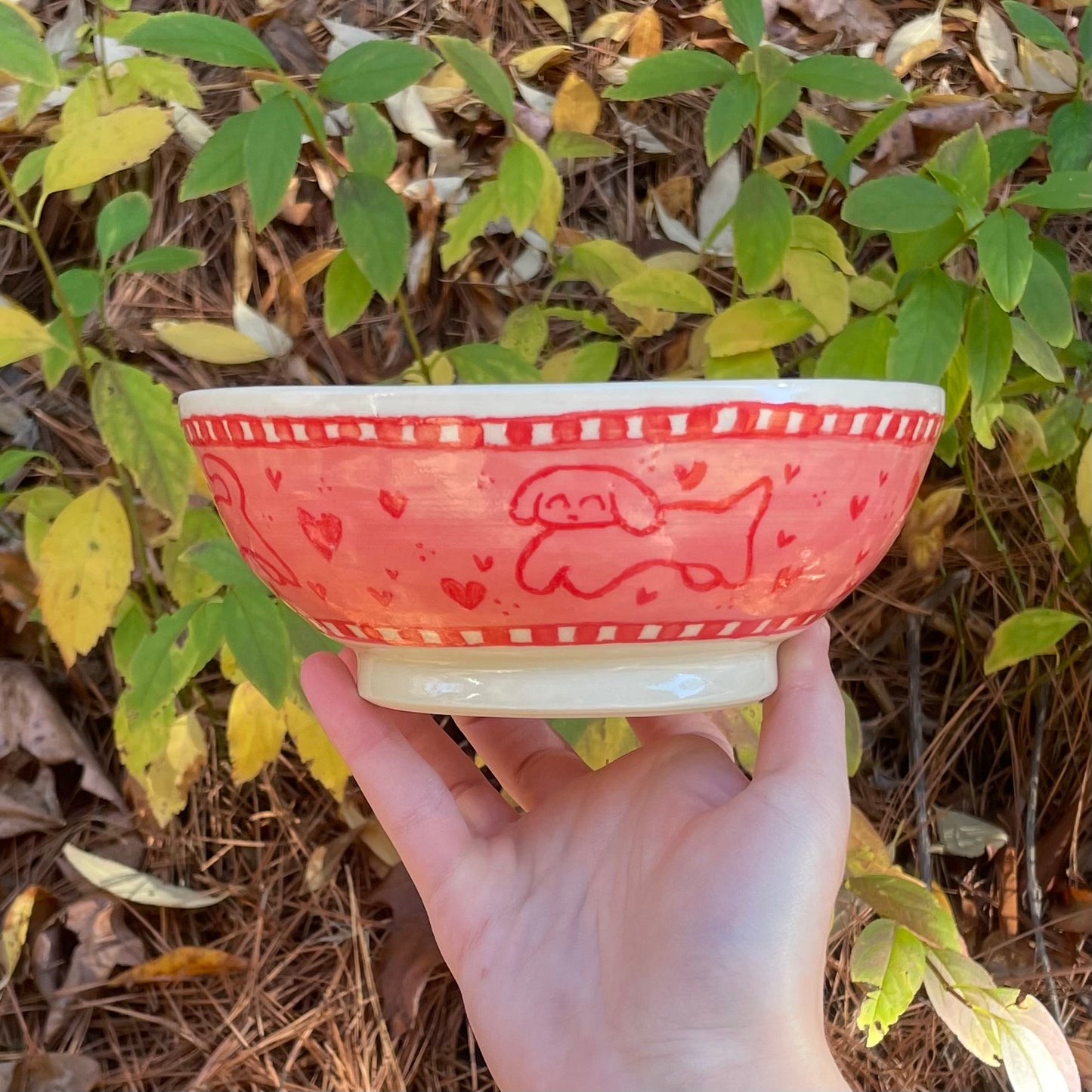 pink red puppy kitten wheel thrown ceramic stoneware bowl!