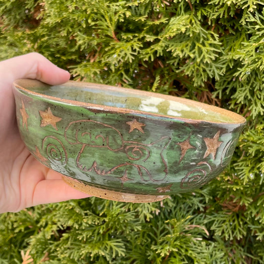 brown green puppy spiral wheel thrown ceramic stoneware bowl!
