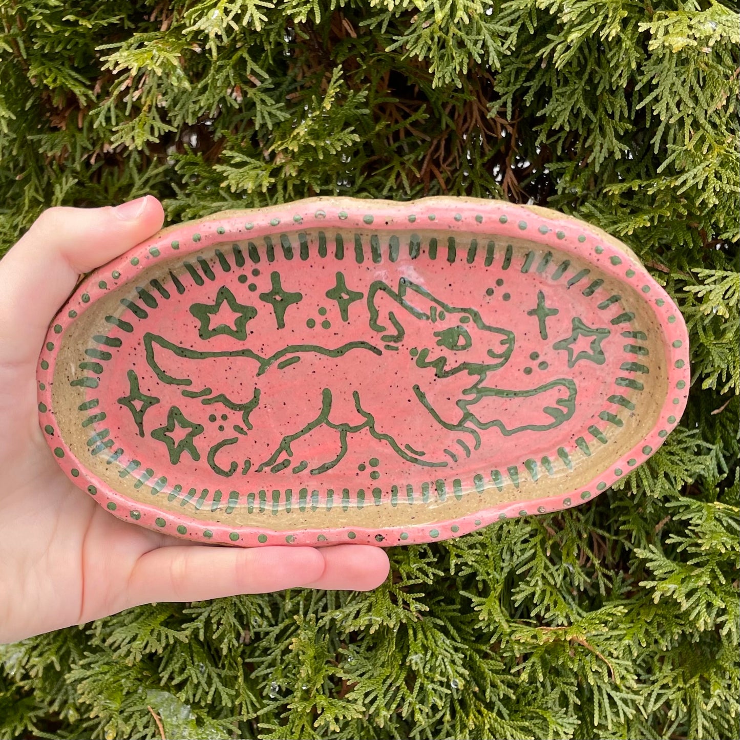green pink wolf oval handmade ceramic stoneware bowl!