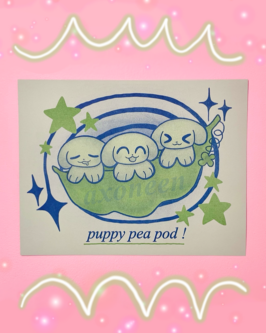 puppy pea pod funny kawaii puppy dog green blue risograph print! (8.5" x 11")