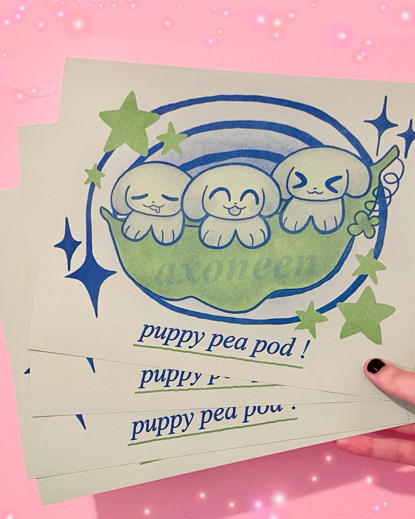 puppy pea pod funny kawaii puppy dog green blue risograph print! (8.5" x 11")