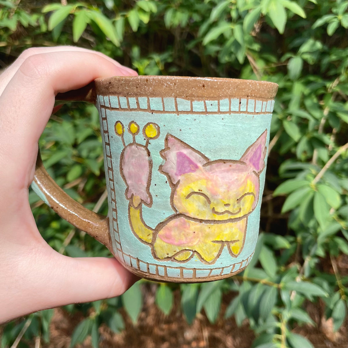 pink cat kawaii creature handmade ceramic stoneware mug!