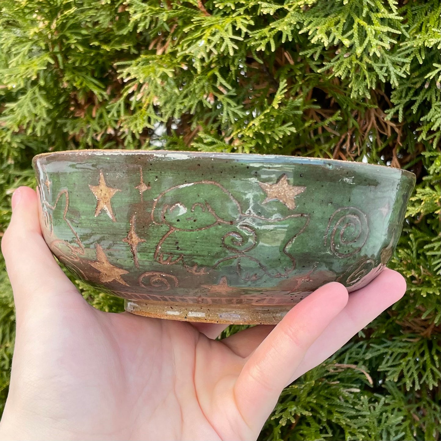 brown green puppy spiral wheel thrown ceramic stoneware bowl!