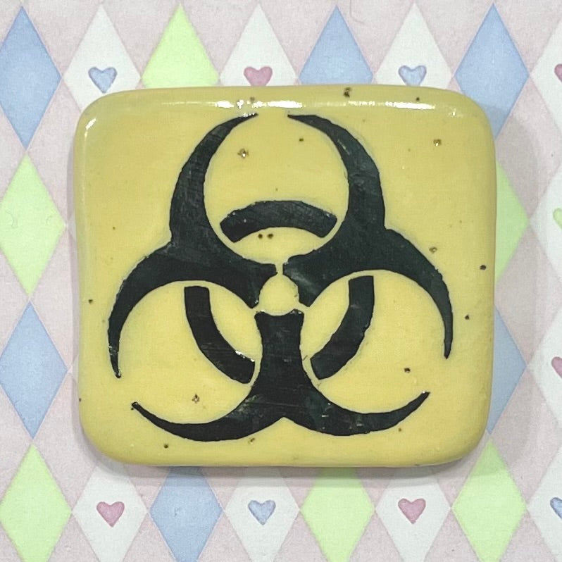 handpainted yellow black biohazard symbol ceramic stoneware magnet! (2"x1.75")