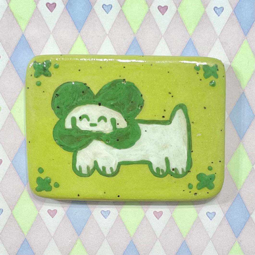 handpainted green cloverdog kawaii ceramic stoneware magnet! (2.75"x2")