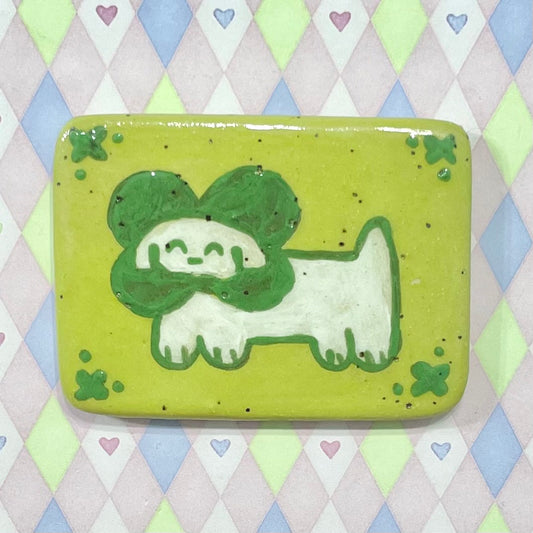 handpainted green cloverdog kawaii ceramic stoneware magnet! (2.75"x2")