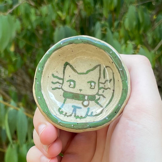 kitty cat green handmade small ceramic stoneware trinket dish!