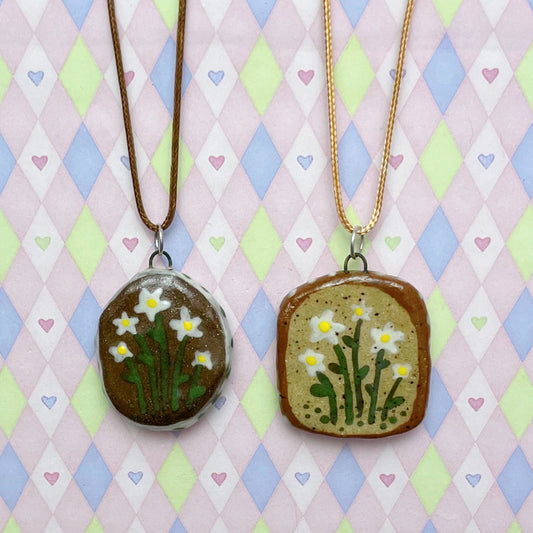 brown tan green daisy cute ceramic stoneware necklaces!