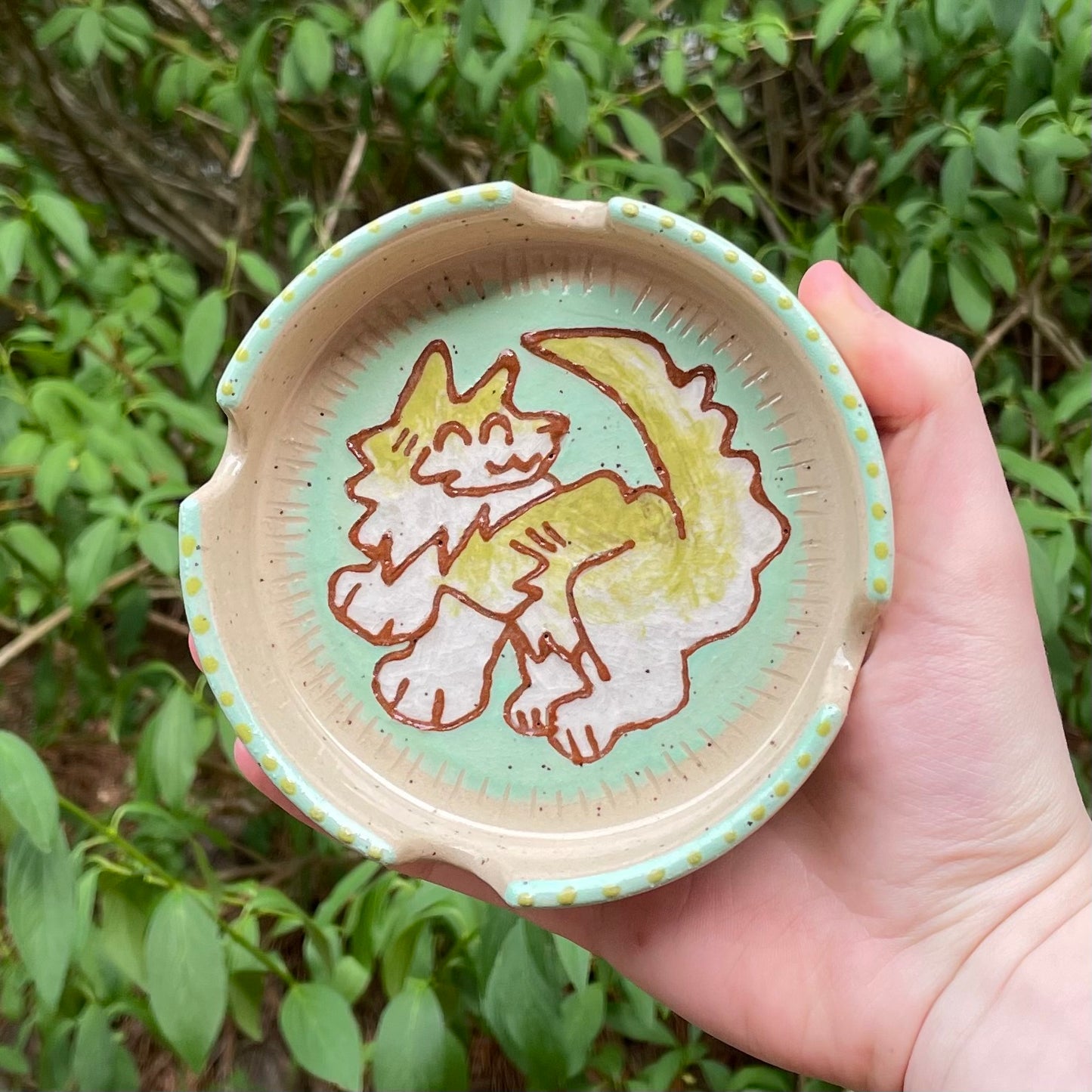 green wolf wheel thrown ceramic stoneware ashtray!