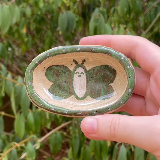 green butterfly handmade small ceramic stoneware oval trinket dish!