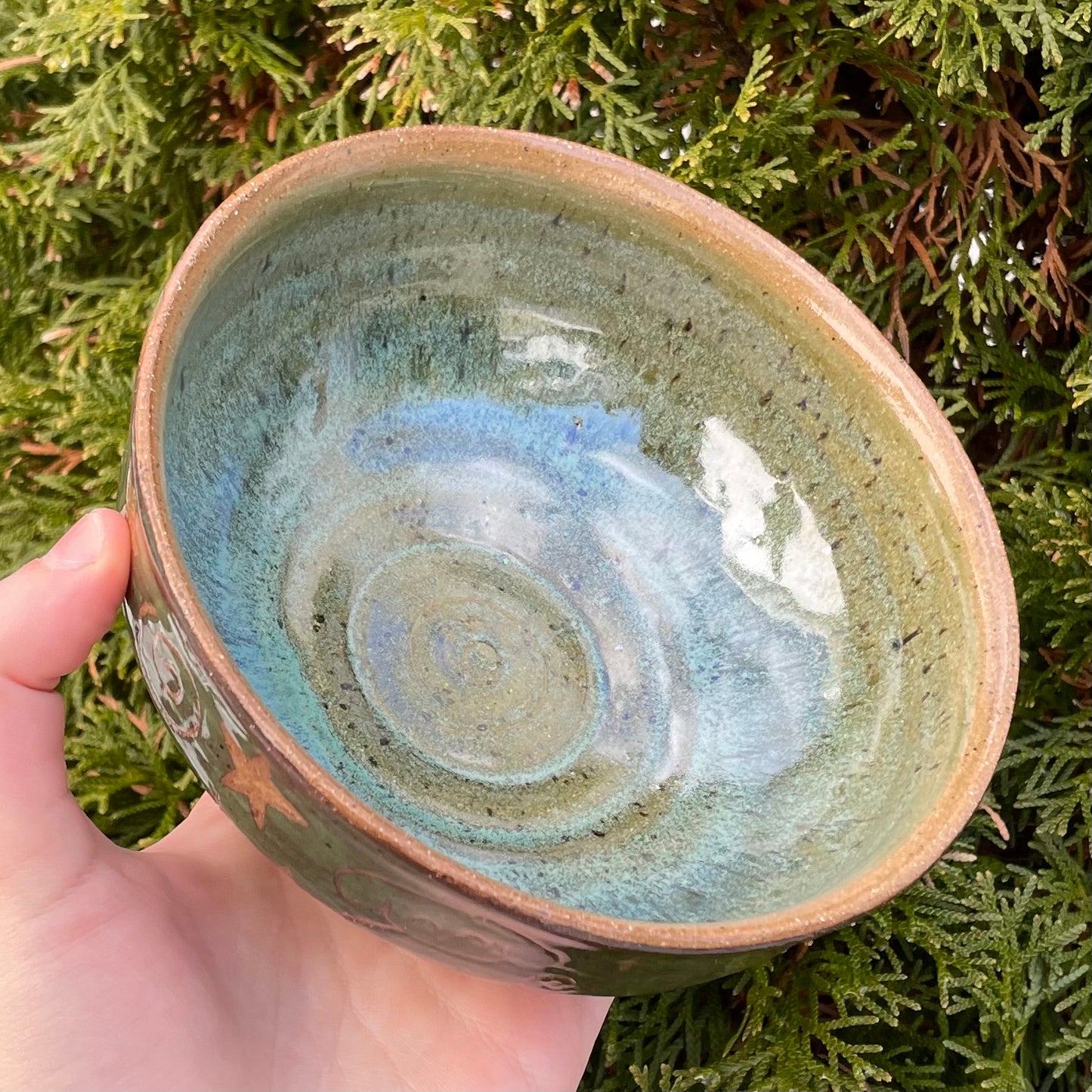 brown green puppy spiral wheel thrown ceramic stoneware bowl!
