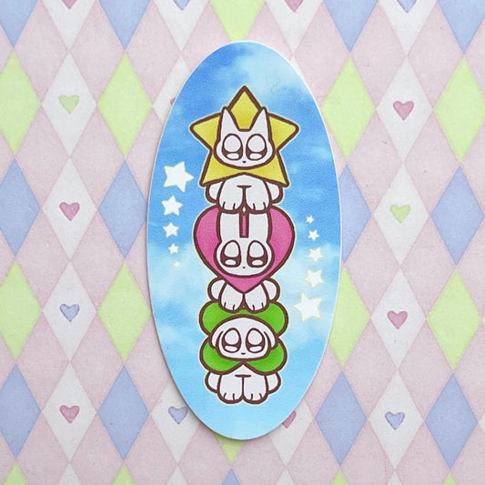 starcat lovebunny & cloverdog kawaii cute group oval sticker! (3")