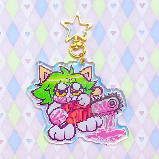 yancat chainsaw yandere kitty double sided holographic epoxy acrylic keychain! (3")