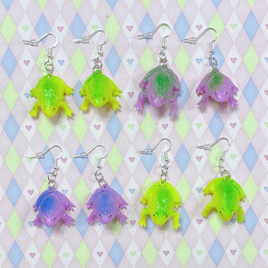 neon purple yellow green mini frog kidcore upcycled plastic toy dangle earrings!
