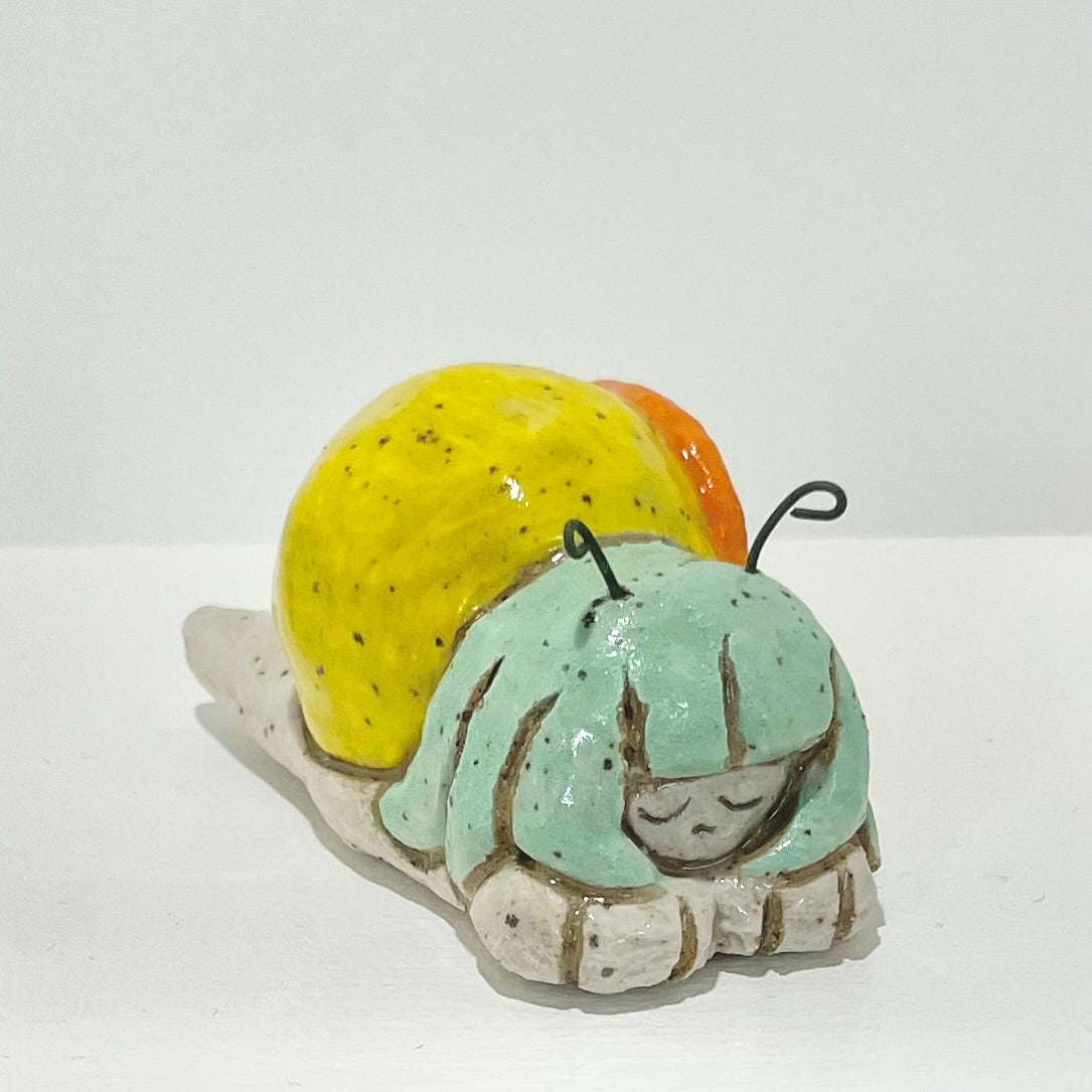 yellow teal snailgirl handmade ceramic stoneware figure!